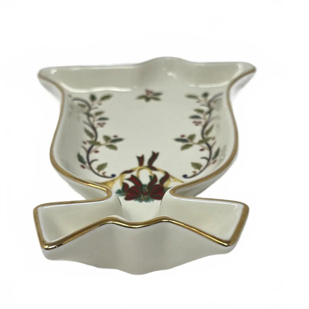 Mikasa Holiday Elegance Christmas Bell Dish Holly Gold Trim Serving Tray